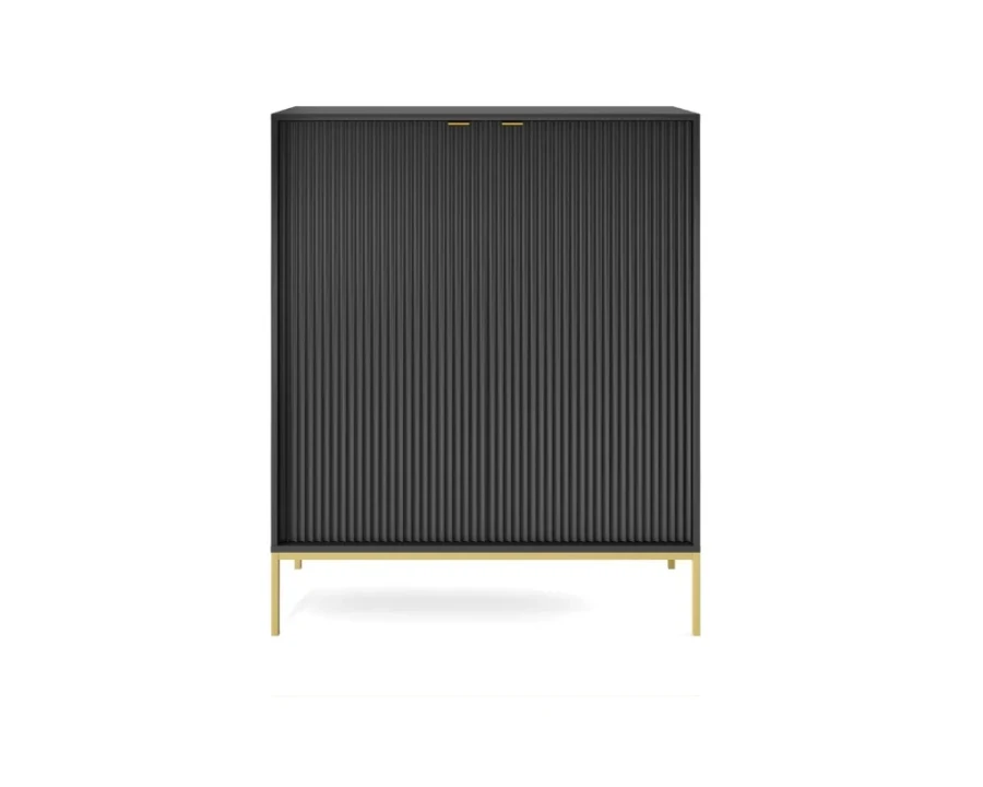 Frontalansicht eines schwarzen Design-Schranks mit Riffelfront und goldenen Beinen.