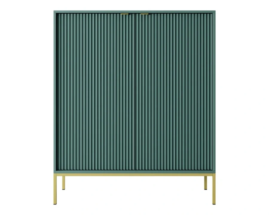 Dunkelgrünes Highboard mit vertikalen Rillen und goldenen Metallfüßen, Frontalansicht.