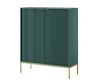 Stilvolles dunkelgrünes Highboard mit Rillenoptik und goldenem Gestell, schräge Ansicht.