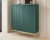 Petrolfarbener Hochschrank mit Riffel-Front und eleganten goldfarbenen Beinen.