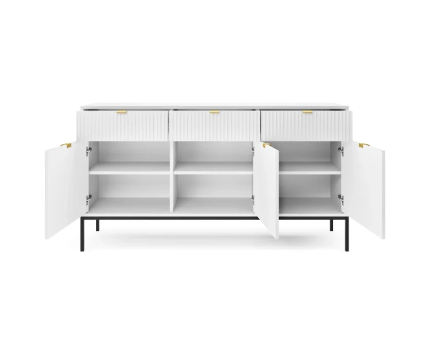 Offenes weißes Sideboard mit Stauraum: Drei Schubladen und drei Fächer mit Einlegeböden.