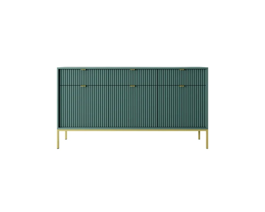 Dunkelgrünes Sideboard mit goldfarbenen Beinen und Griffen in zeitlosem geriffeltem Design.