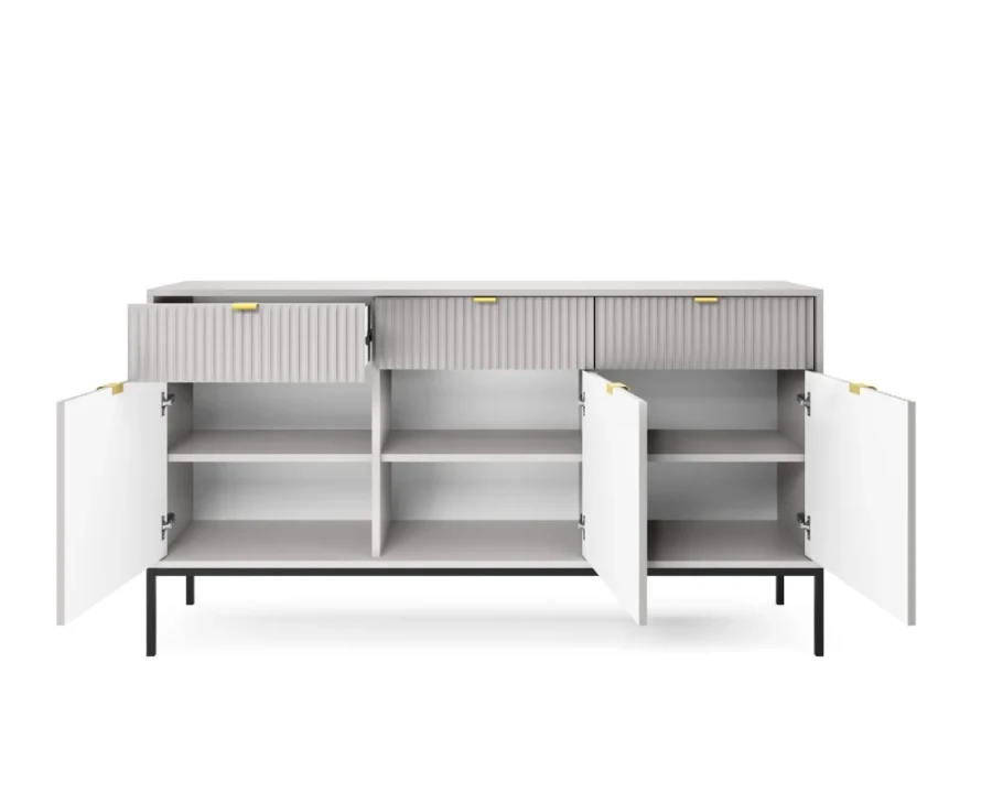 Offenes hellgraues Sideboard mit Schublade und Einlegeböden.