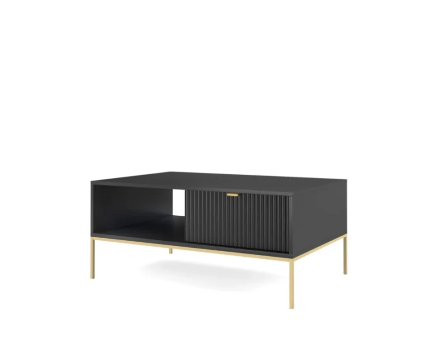 Design-Couchtisch in Schwarz mit Akzenten in Gold und geriffelter Schublade.
