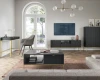 Modernes Wohnzimmer-Set in Schwarz mit eleganten goldenen Metallfüßen für Couchtisch und Sideboard.