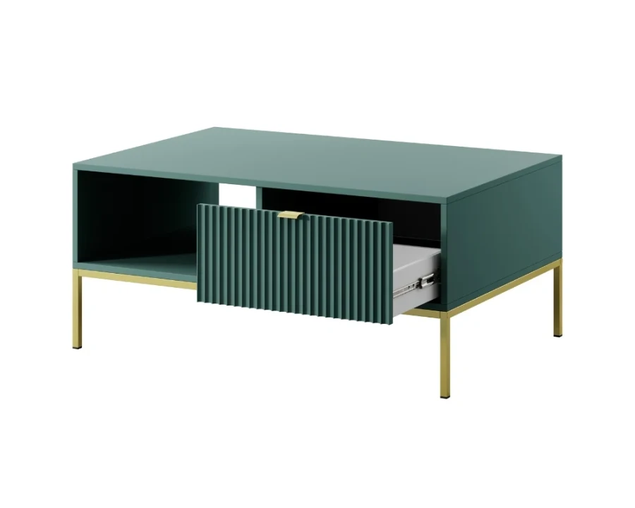 Grüner Design-Couchtisch mit goldfarbenen Beinen und einer geöffneten Schublade für Stauraum.