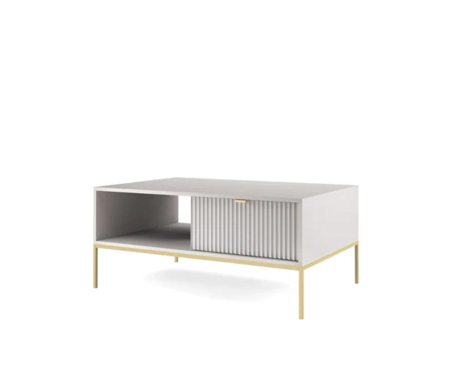 Moderner weißer Couchtisch mit Goldbeinen und geriffelter Schubladenfront.