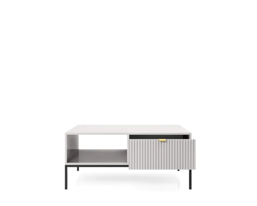 Couchtisch Weiß mit schwarzen Beinen, Ablagefach und Riffeldesign-Schublade.