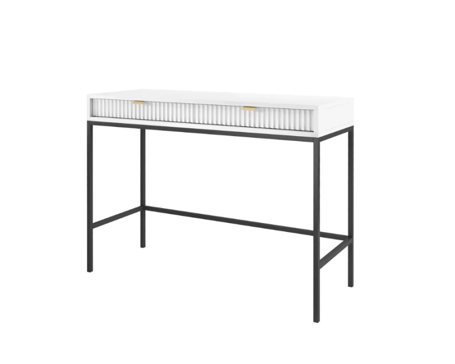 Seitenansicht: Weißer Konsolentisch mit geriffelten Fronten, schwarzen Metallbeinen und Goldgriffen.