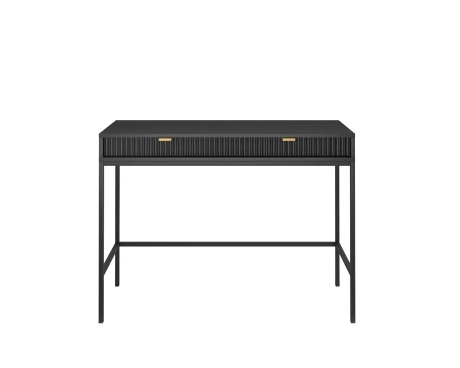 Moderner schwarzer Schreibtisch mit geriffelter Front und schlanken Metallbeinen.