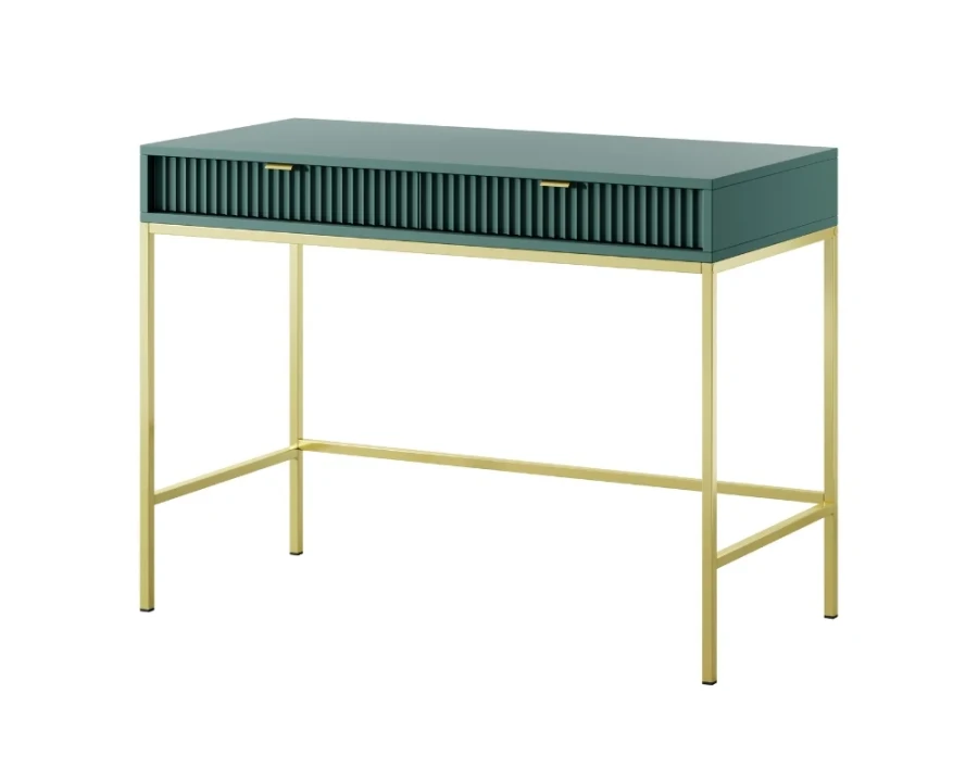 Moderner grüner Konsolentisch mit strukturierten Fronten und goldenen Beinen.