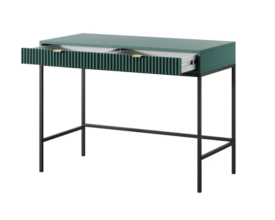 Schreibtisch in Dunkelgrün mit zwei offenen Schubladen und schwarzem Metallrahmen.