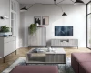 Hellgraues Wohnzimmer-Möbelset mit geriffelten Fronten und schwarzen Beinen, TV-Board und Couchtisch.