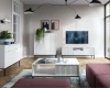 Modernes weißes Wohnzimmer-Set mit geriffelten Fronten und schwarzen Metallbeinen, TV-Board und Tisch.
