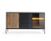 Frontalansicht des Sentio Sideboards mit markantem Lamellen-Design in Eiche und schwarzem Korpus.