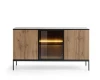 Frontalansicht Sideboard Sentio: Stilvoller Materialmix aus Eiche-Lamellen, Glas und schwarzem Metallfuß.