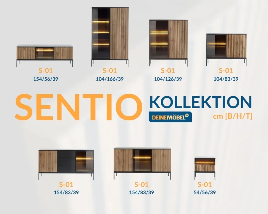 Sentio Möbel-Kollektion: Übersicht verschiedener Sideboards und Vitrinen in Eiche und Schwarz mit Maßen.