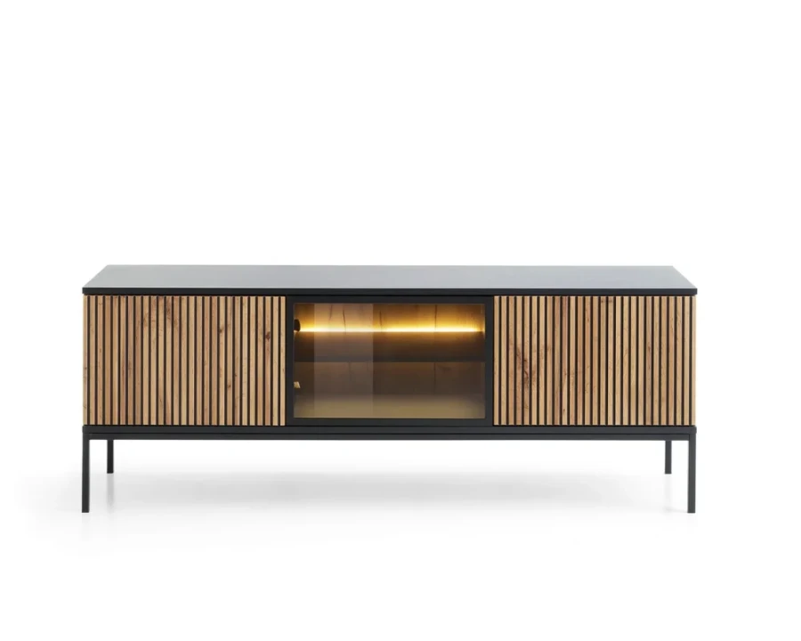 Modernes Lowboard mit Holz-Lamellen und LED-Beleuchtung für das Wohnzimmer.