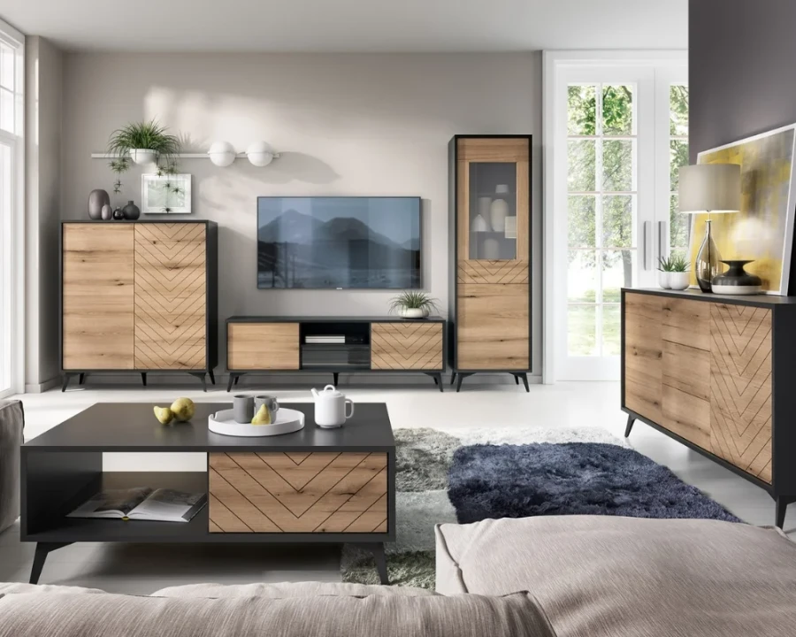 Komplettes Wohnzimmer-Set der Diamant Serie in Eiche und Schwarz