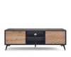 Modernes TV-Lowboard in Schwarz und Eiche mit Fischgräten-Design.