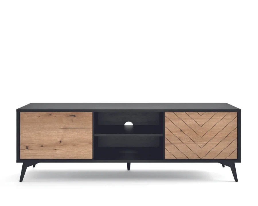 Modernes TV-Lowboard in Schwarz und Eiche mit Fischgräten-Design.