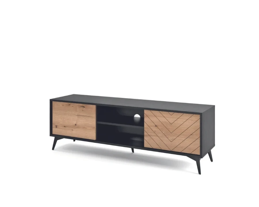 Perspektivische Ansicht eines schwarzen TV-Boards mit Holzfronten.