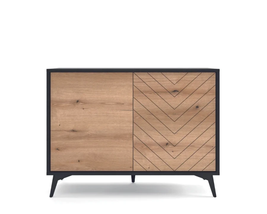 Kleine Kommode aus der Diamant Kollektion in Eiche und Schwarz mit V-Muster Front.