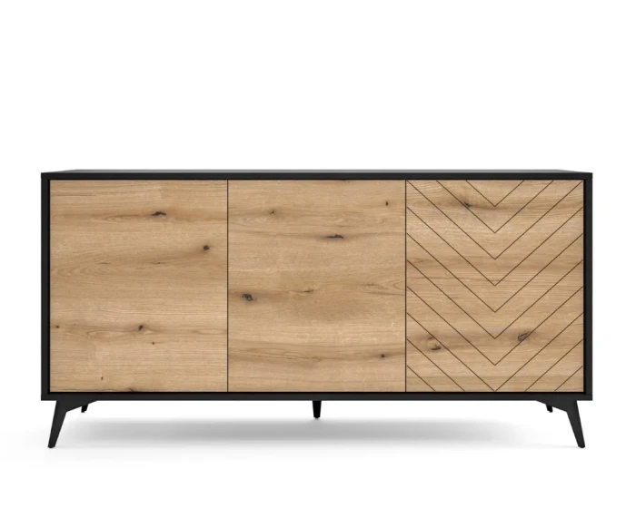 Breites Sideboard Diamant in Eichenoptik mit schwarzem Rahmen und Fischgrät-Muster.