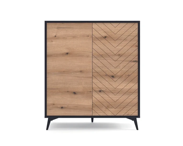 Hohes Sideboard Diamant mit zwei Türen in Eiche und dekorativem Fischgrät-Design.