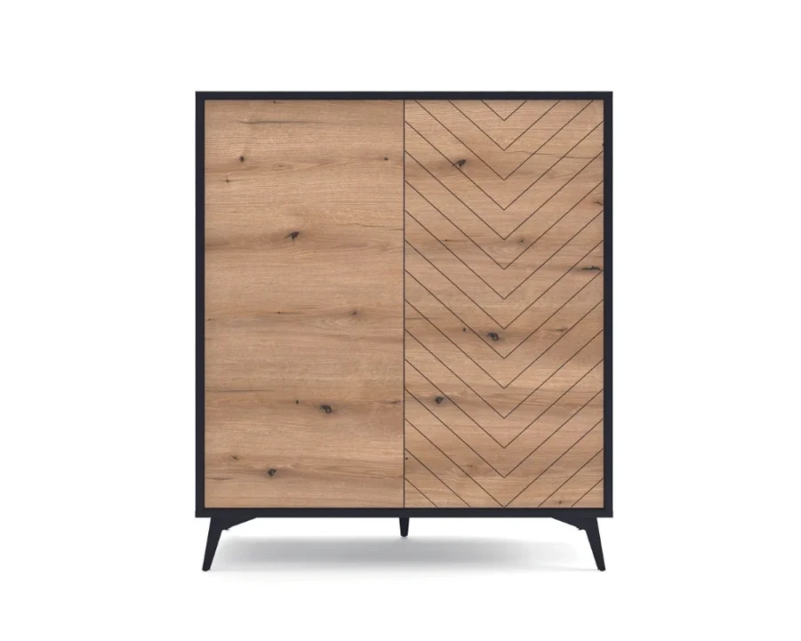 Modernes Highboard in Eiche-Optik mit zwei Türen und markantem Fischgräten-Design.