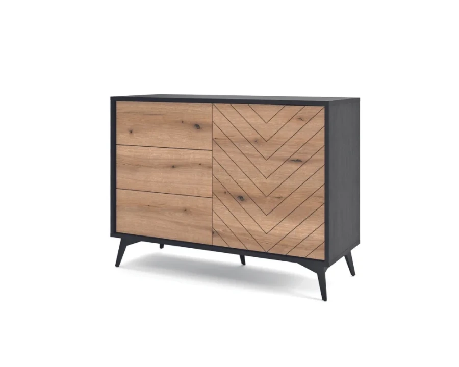 Modernes Sideboard mit Schubladen, Fischgrätmuster und schwarzen Metallbeinen.