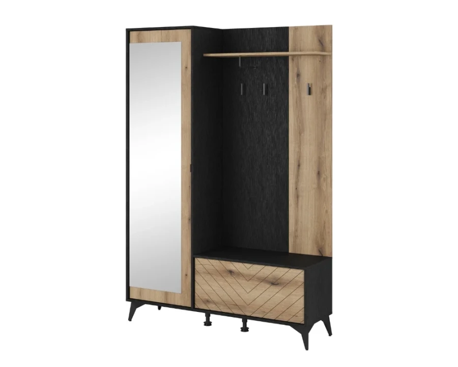 Garderobe mit Spiegel, Paneel und Schuhbank in Eiche und Schwarz.