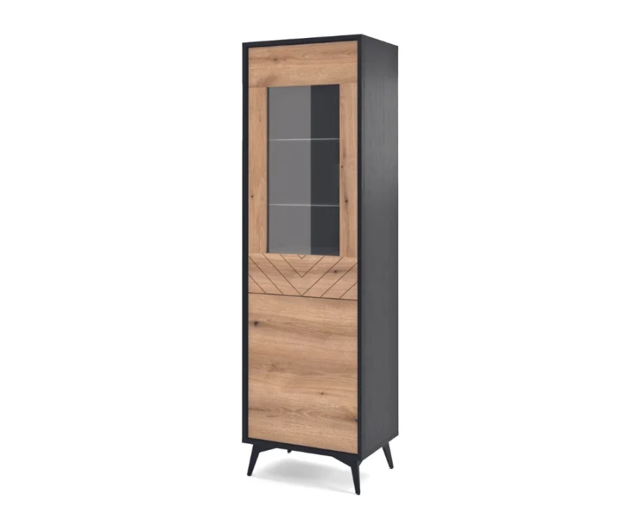 Schmale Vitrine in Schwarz und Eichen-Optik mit Glaseinsatz und modernen schwarzen Standfüßen.
