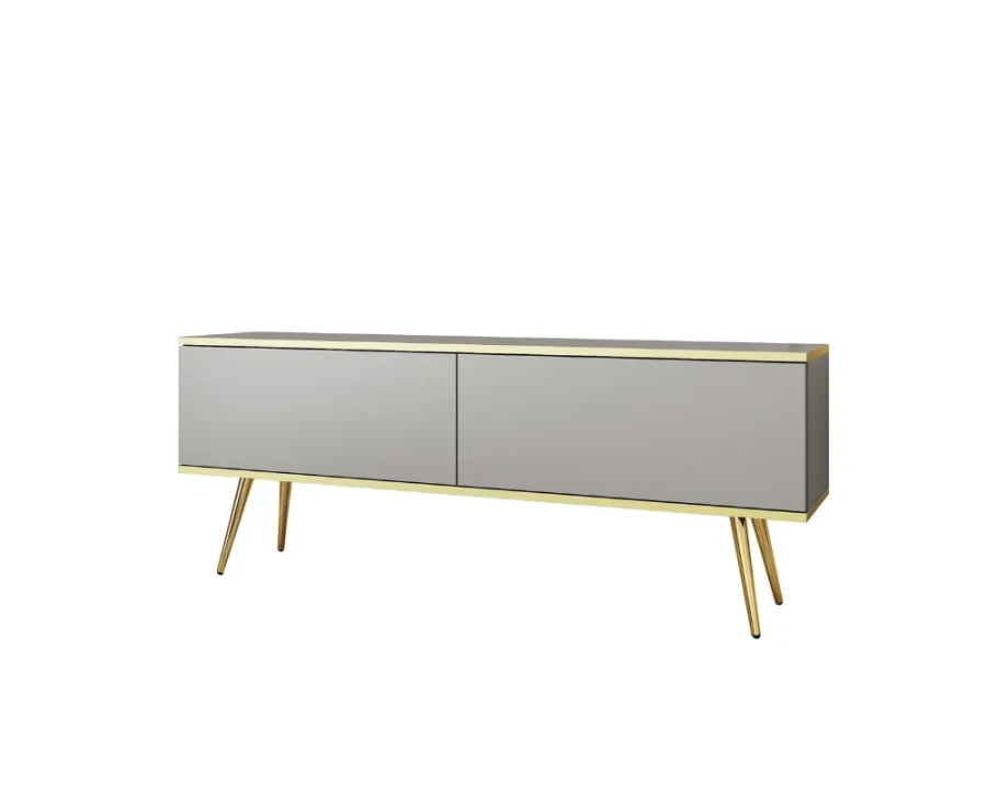 Modernes graues Lowboard mit goldenen Akzenten und Beinen auf weißem Hintergrund.