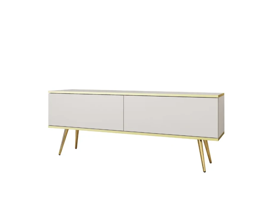 Elegantes weißes TV-Lowboard mit goldenen Details und schmalen Metallfüßen.