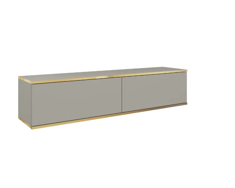 Moderner grauer TV-Schrank hängend mit Goldakzenten auf weißem Grund.