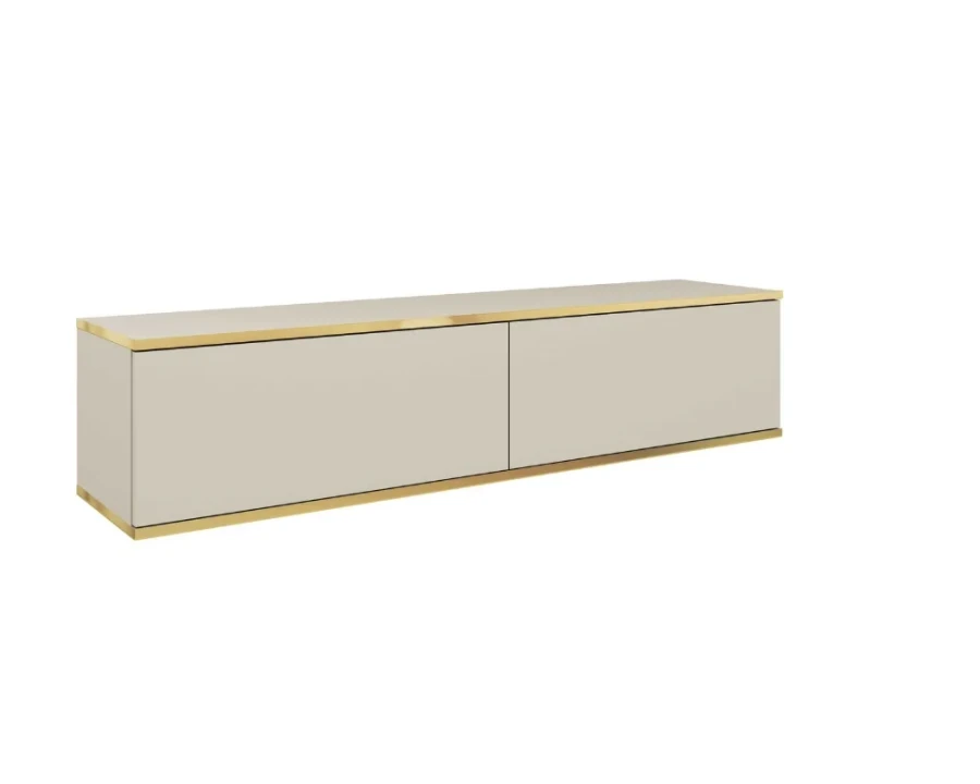 Modernes, hängendes TV-Board in Beige mit eleganten Goldakzenten an Ober- und Unterseite.