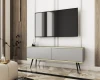 Graues TV-Lowboard mit Goldrand und schwarzen Beinen in modernem Wohnzimmer.