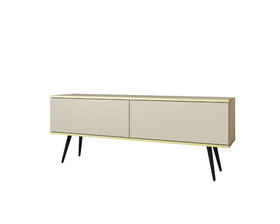 Beiges Sideboard mit Goldkante und schwarzen Füßen auf weißem Hintergrund.