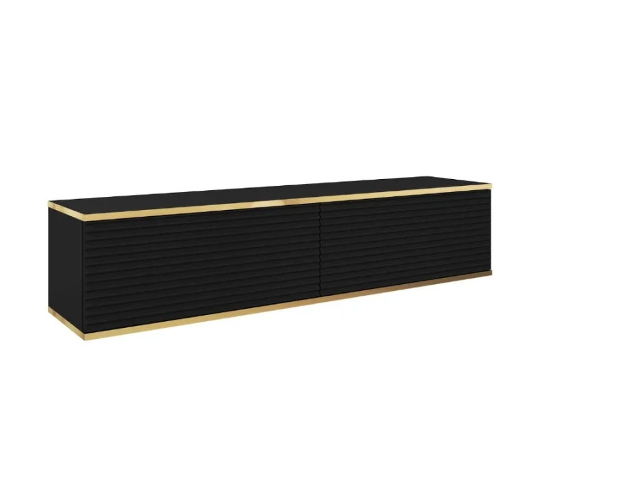 Schwarzes TV-Lowboard hängend mit Goldleiste und geriffelter Front für moderne Wohnzimmer.