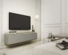 Graues schwebendes TV-Board mit Goldrand in elegantem Wohnambiente unter wandmontiertem TV.