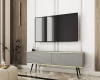 Anthrazitfarbenes TV-Sideboard mit Goldleiste und schwarzen Standfüßen in moderner Einrichtung.