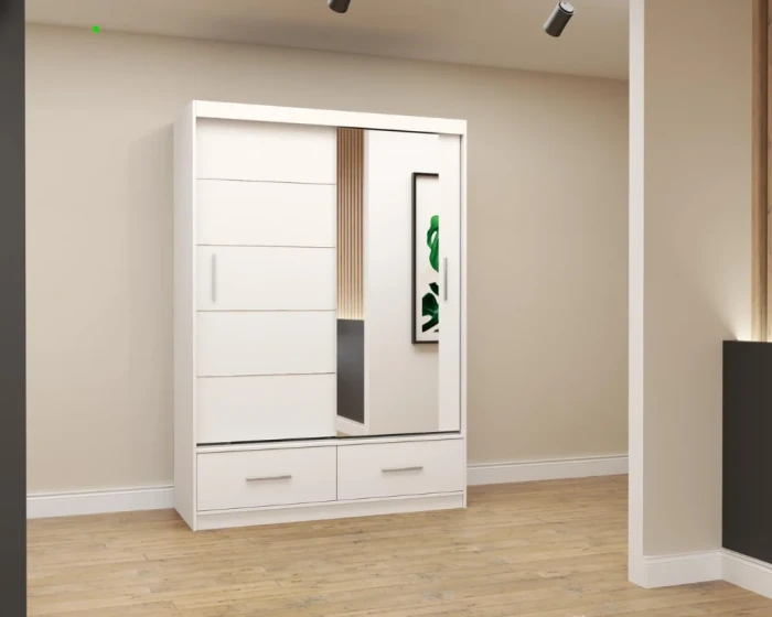 Weißer Schwebetürenschrank mit Spiegel und zwei Schubladen vor heller Wand.