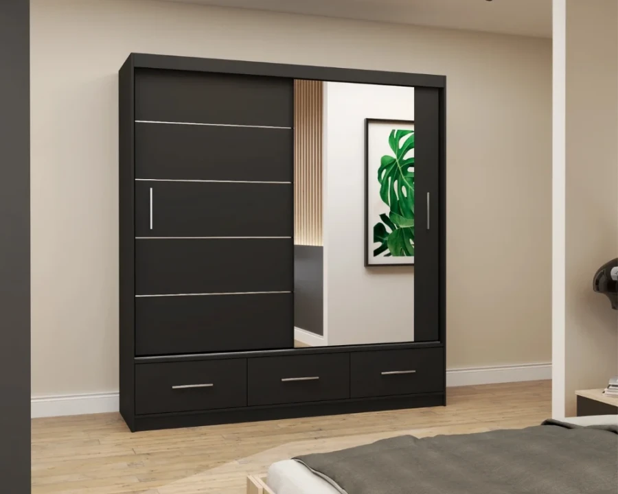 Anthrazitfarbener Schwebetürenschrank mit Spiegel und drei Schubladen im Schlafzimmer.