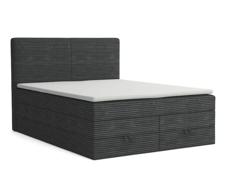 Stilvolles Boxspringbett in Dunkelgrau aus Cord mit praktischen Bettkasten-Schubladen.