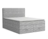 Hellgraues Boxspringbett mit strukturiertem Cord-Stoff, Kopfteil und Ausziehschubladen.