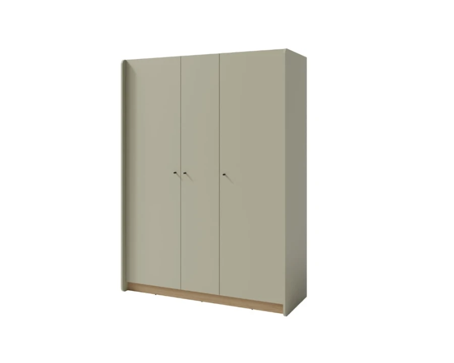 Großer dreitüriger Kleiderschrank in Salbeigrün mit Eiche-Sockel.