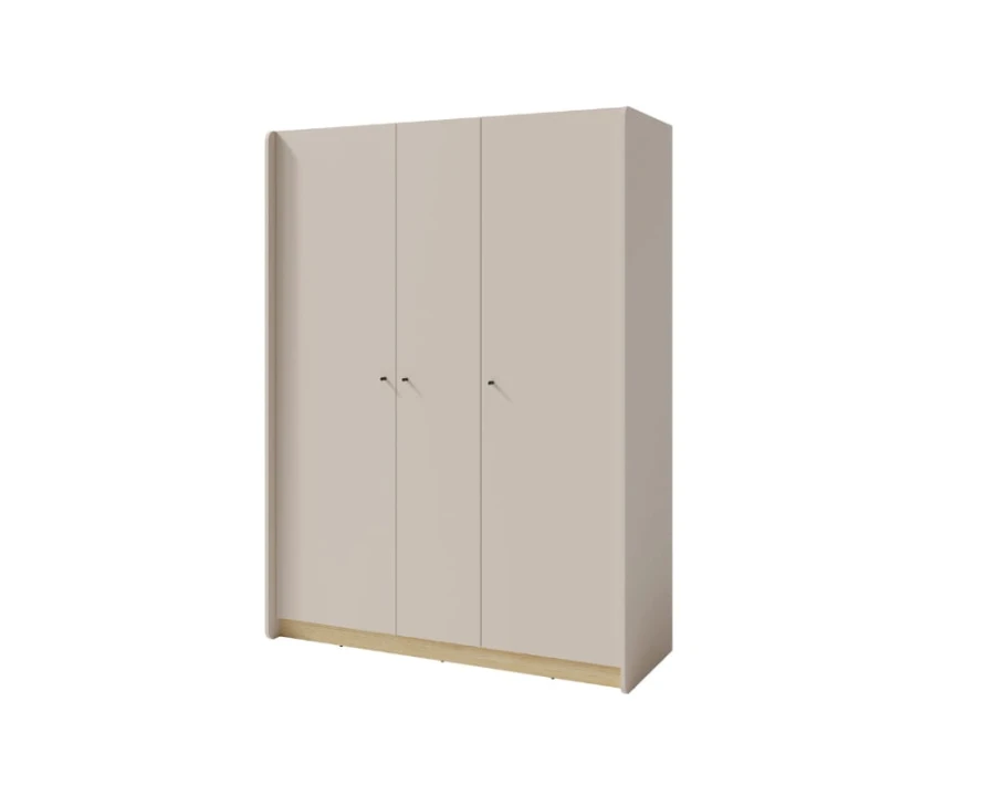Moderner Kleiderschrank 3-türig in Beige mit Sockel in Eiche-Optik.