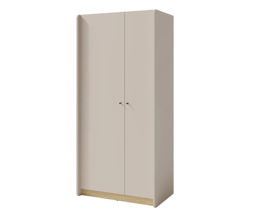 Moderner zweitüriger Kleiderschrank Albi in Beige mit Holzelementen.