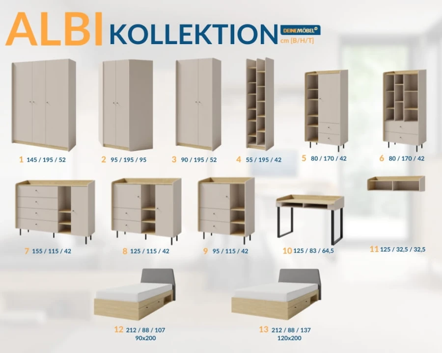Übersicht der Albi Möbelkollektion mit verschiedenen Schränken, Regalen, Kommoden und Betten.